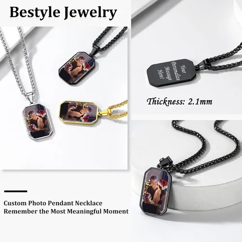 Miniatura 3 de Bestyle Collares de fotos personalizados (mejorados, más vívidos y claros) para hombres y mujeres, etiqueta de corazónmilitarcolgante de etiqueta