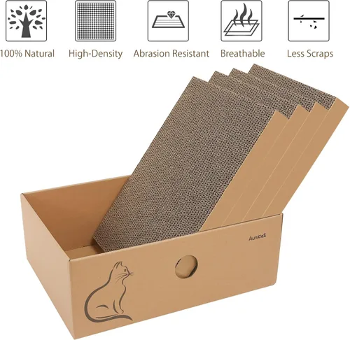 Miniatura 5 de AUSCAT Rascador de cartón para gatos, 4 tablas de rascar reversibles para gatos con caja para que el gatito de interior descanse y juegue, 14.8