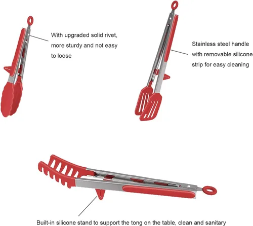 Miniatura 7 de Juego de 4 pinzas de cocina de silicona, antiadherentes de acero inoxidable con puntas de silicona sin BPA para servir pasta, espagueti, bistec, Rojo