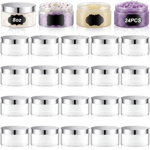 Miniatura 35 de Dandat 24 piezas 8 oz botes de plástico con tapa y etiqueta. Recipientes de muestra de cosméticos redondos ámbar PET recargables y vacíos para Ámbar