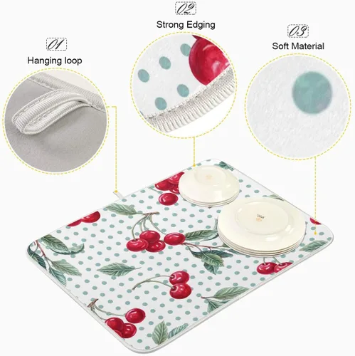 Miniatura 4 de Tapete de secado de platos con diseño de lunares de cereza y acuarela, para encimeras de cocina, fregaderos, tapete de secado absorbente resistente