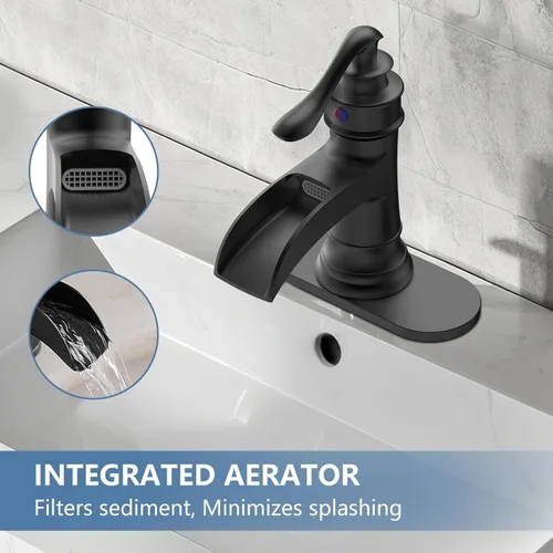 Miniatura 6 de Homevacious Grifo de lavabo de baño con cascada, monocontrol, negro mate y níquel cepillado, grifo mezclador para lavamanos, un orificio, palanca