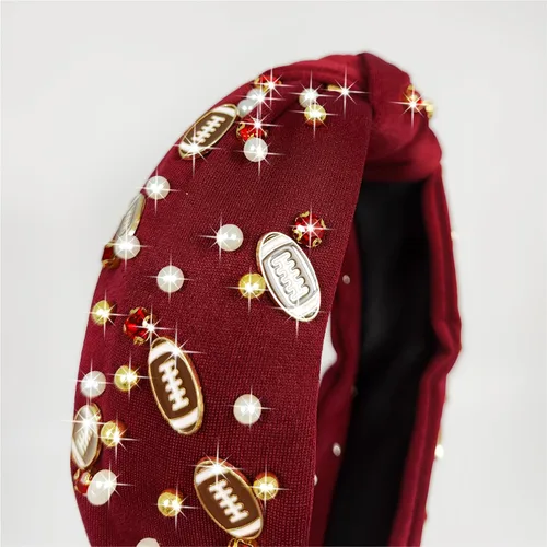Miniatura 6 de Diadema de moda de fútbol para mujer con perlas de fantasía en negro, rojo, naranja y azul con nudo para niñas, diadema ancha y bonita para el Día