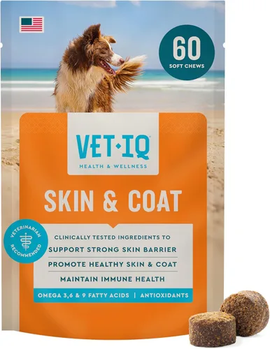 VetIQ Suplemento para la piel y el pelaje para perros, ayuda a mantener la piel sana y el pelaje brillante, masticable para perros con sabor a humo