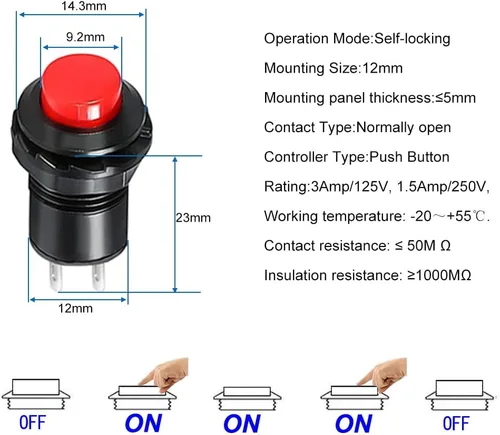 Miniatura 5 de Gebildet 24 interruptores de botón con pestillo de 0.472 pulgadas SPST ON/OFF AC 250V/1.5A 125V/3A, mini interruptor basculante redondo