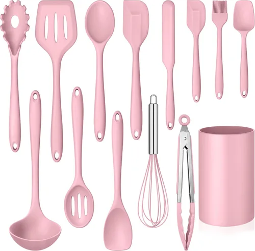 LIANYU Juego de 14 utensilios de cocina, juego de utensilios de cocina de silicona con espátulas y soporte, herramientas de cocina resistentes al