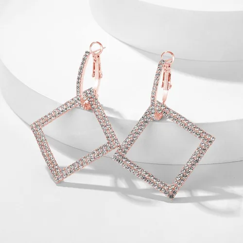 Miniatura 5 de KISZU Aretes de aro dorados plateados para mujer, delicados aretes colgantes cuadrados de diamantes de imitación de cristal para niñas, juego