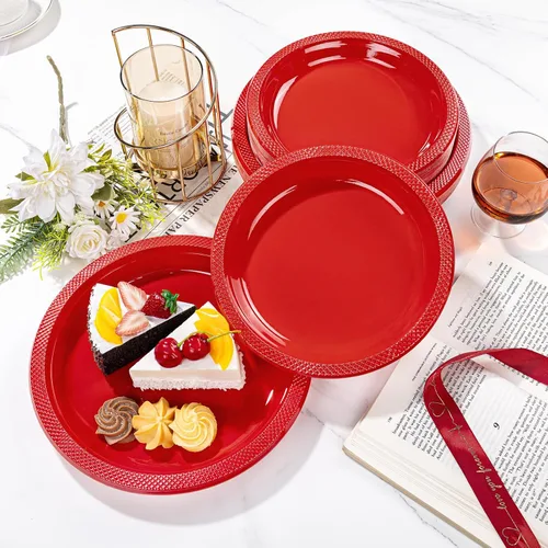 Miniatura 2 de WELLIFE Platos de plástico rojos de 9 pulgadas, 50 unidades, platos desechables para fiesta, día de la madre, plato para cena, postre, suministros