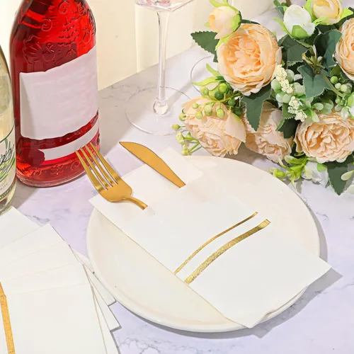 Miniatura 5 de Roshtia 100 paquetes de servilletas de cena desechables con sensación de lino, con bolsillo incorporado para cubiertos, ribete dorado, papel Blanco