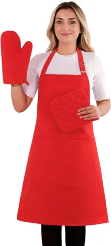 Miniatura 8 de Juego de delantales de 3 piezas; delantal de cocina ajustable, guantes de horno resistentes al calor, soporte para ollas I 482 °F I Delantales