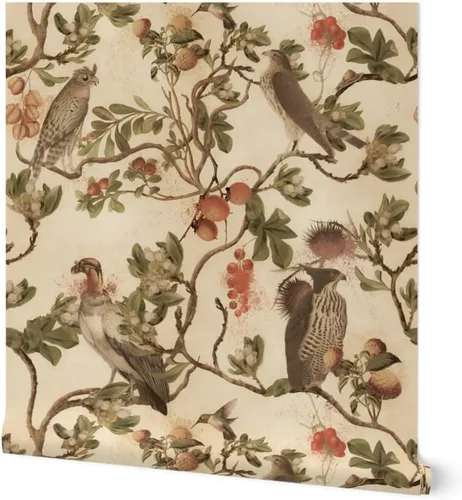 Papel tapiz para despegar y pegar – Vintage Birds Watercolor Chinoiserie Antiqued of Prey Sepia Green Tan Botánico Papel pintado extraíble