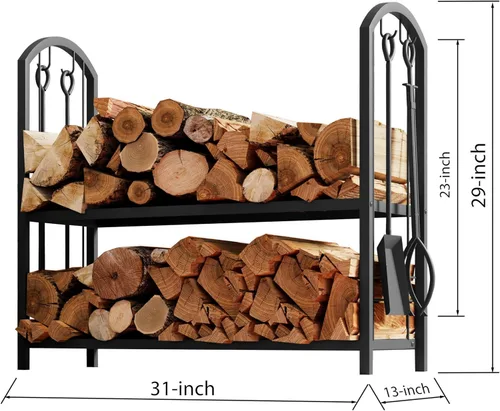 Miniatura 4 de Fire Beauty - Soporte para leña de chimenea con 5 piezas, soporte para troncos con juego de herramientas de 4 piezas, soporte para leña