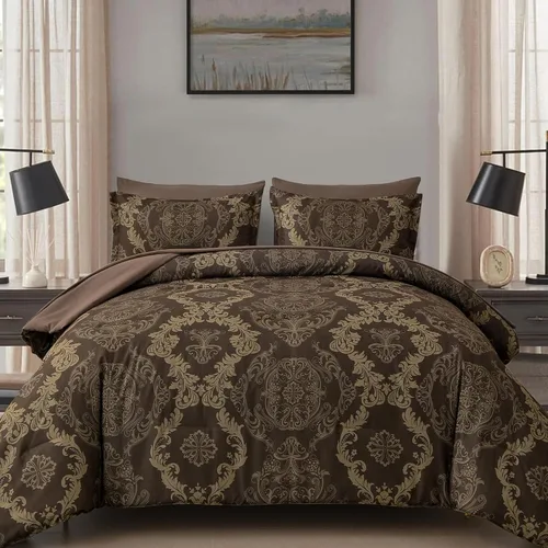 Miniatura 13 de WONGS BEDDING - Juego de edredón negro tamaño full, textura damasco dorado, juego de 7 piezas en una bolsa, de microfibra - 1 edredón, 1 sábana