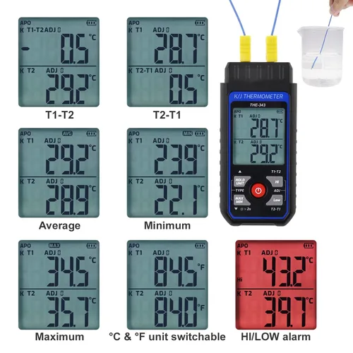 Miniatura 5 de Termómetro de Termopar Termómetro Digital Tipo K con 4 Termocuplas, Rango de Medición -328~2500℉ Medidor de Temperatura HVAC de Doble Canal