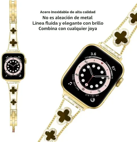 Miniatura 6 de Musk-MSKR Correas de metal con diamantes añaden brillo a tu reloj para Apple Watch Series 11/10/9/8/7/6/5/4/3/2/SE/Ultra Trébol Simple y elegante