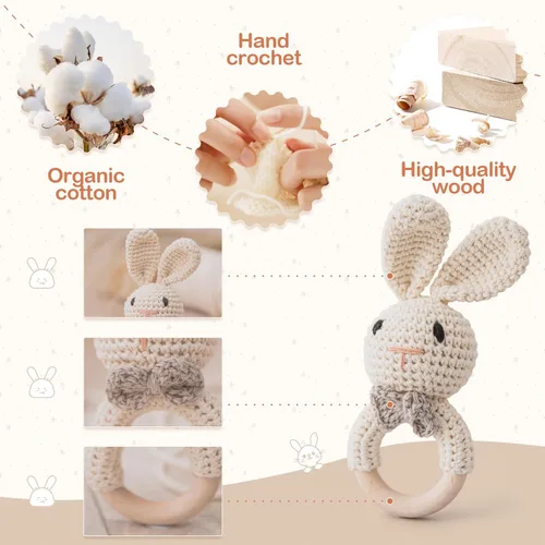 Miniatura 3 de Juguete de madera hecho a mano con sonajero de conejo de Pascua para bebés de 0 a 6 meses, animal de peluche orgánico para recién nacido