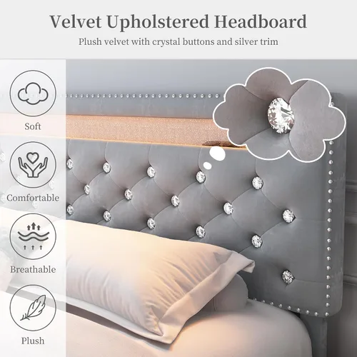 Miniatura 5 de Marco de Cama Queen con LED y 2 Cajones, Cabecero de Plataforma Moderno Resistente Ajustable Tapizado con Botones de Cristal Acolchado, Marco de Gris