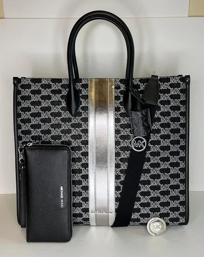 Miniatura 6 de Michael Kors Mirella - Bolsa de mano grande de jacquard con logotipo a rayas y gancho grande para bolso