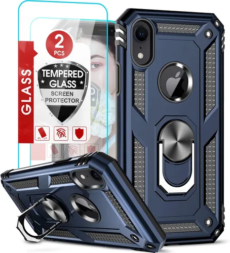 Miniatura 10 de Funda para iPhone XR con protector de pantalla de vidrio templado [2 unidades], con armadura de grado militar con soporte para anillo de coche