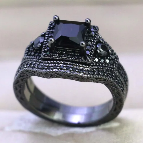 Miniatura 3 de Juego de anillos de boda de acero inoxidable chapado en oro negro con circonita cúbica