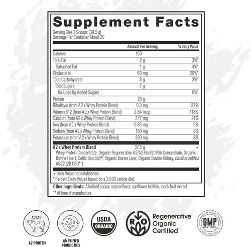 Miniatura 4 de VICERA A2 Polvo de Proteína, Leche de Chocolate, 25 G de Proteína por Porción, Mezcla Orgánica de A2/A2 de Suero y Caseína con Probióticos y Sal