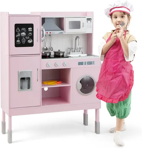HONEY JOY Juego de cocina para niños, cocina de madera para niños pequeños, microondas, utensilios de cocina, lavadora, campana extractora, pizarra,