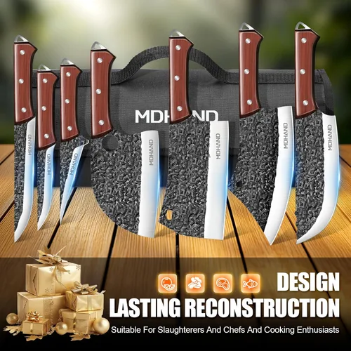 Miniatura 8 de MDHAND Juego de cuchillos de carnicero, 14 cuchillos de chef profesionales forjados a mano con bolsa de rollo, cuchillo afilado de carne y cuchillos