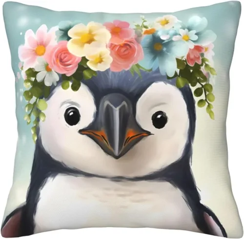 Miniatura 9 de Funda de cojín cuadrada suave con estampado de pingüinos con estampado de flores, para decoración del hogar, sala de estar, cama, sofá automóvil, 18