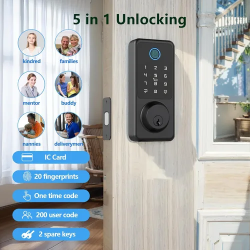 Miniatura 4 de Cerradura de entrada sin llave para puerta delantera, cerradura de puerta de huellas dactilares con teclado de pantalla táctil, cerrojo electrónico