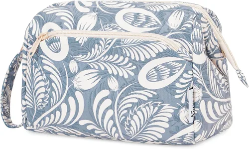 Miniatura 18 de Narwey - Bolsa grande de maquillaje con cremallera de apertura completa, organizador de cosméticos de viaje para mujeres y niñas, Azul grisáceo.