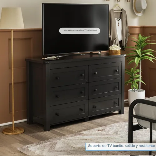 Miniatura 4 de HUANLEGO Cómoda negra para dormitorio con 6 cajones, cómoda moderna, cómoda de madera, muebles de dormitorio, amplio organizador de almacenamiento
