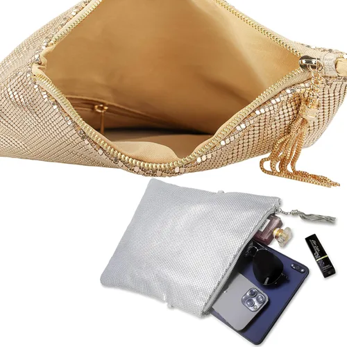 Miniatura 5 de Bolso de mano grande de malla metálica para noche, bolso convertible con borla