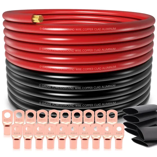 Cable de aluminio revestido de cobre de calibre 0 de 40 pies, cable de batería 1/0, 20 conectores de terminales tipo orejeta con tubo Cable de 40