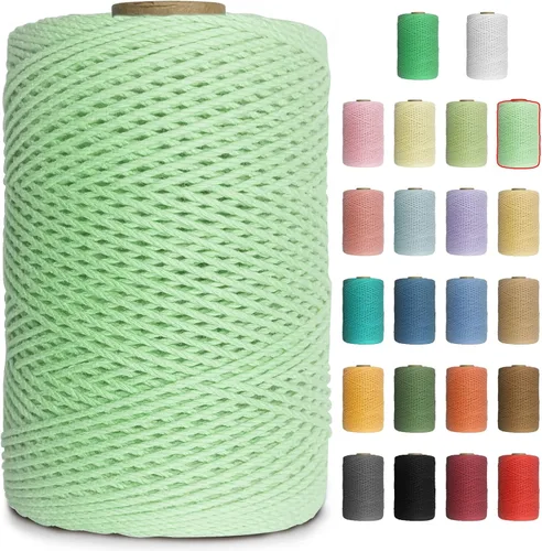 Miniatura 23 de Cuerda de macramé de colores de 0.039 in, cuerda de algodón de 656 pies, 3 hebras trenzadas, cuerda de algodón colorido para manualidades, Amarillo