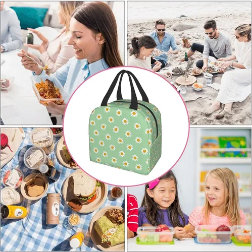 Miniatura 7 de Lonchera térmica verde con margaritas para adultos, niños, niñas, mujeres, trabajo, oficina, escuela, picnic, playa, lonchera reutilizable