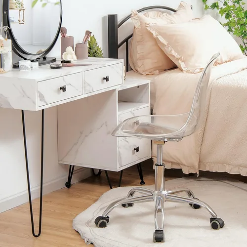 Miniatura 9 de Giantex Silla de escritorio de acrílico, silla enrollable de oficina transparente sin brazos, silla fantasma de ocio ajustable con base cromada
