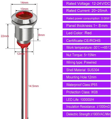 Miniatura 5 de Gebildet 5 unids 0.472 in AC/DC 12-24V LED indicador de metal luz impermeable señal lámpara piloto Dash direccional coche camión barco con alambre