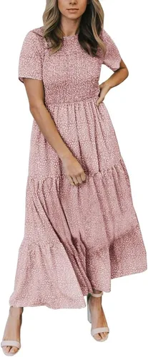 Zattcas - Vestido largo informal de verano para mujer, vestido escalonado con estampado floral, detalle fruncido, manga corta, cuello redondo, con