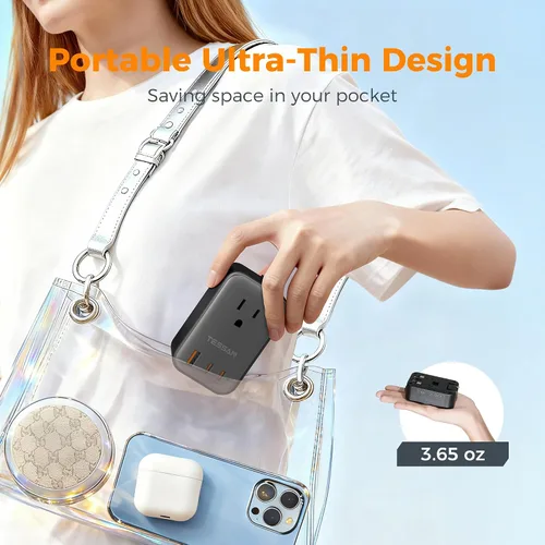 Miniatura 7 de TESSAN Adaptador de viaje 009, PD 20 W, adaptador de corriente universal 2 USB C 1 USB A, adaptador de enchufe internacional ultrafino, salida Negro
