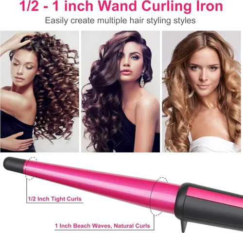 Miniatura 2 de Rizador de pelo, rizador cónico de 0.5 a 1 pulgadas, rizador de pelo profesional de cerámica con guante resistente al calor, doble voltaje (oro rosa)