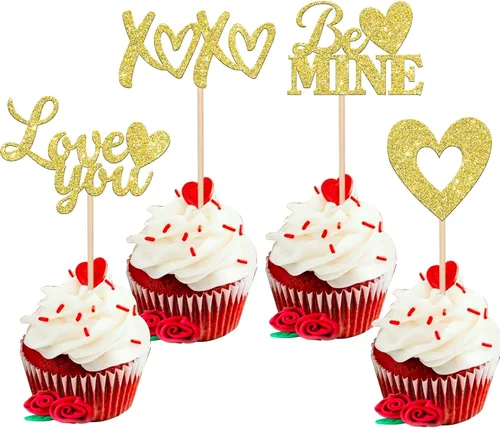 Miniatura 35 de Paquete de 24 adornos para cupcakes con purpurina en forma de corazón con temática de amor dulce, decoración de pasteles para el día de San