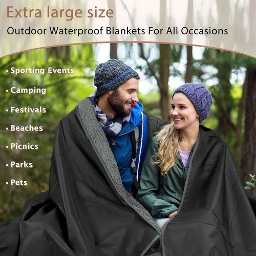 Miniatura 8 de Tirrinia Manta impermeable para exteriores con forro sherpa, resistente al viento, triple capa, cálida y cómoda, plegable para camping, estadio