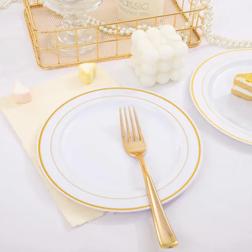 Miniatura 3 de Nervure 140 platos de plástico dorado festoneado y cubiertos de plástico dorado con mango blanco: 40 platos, 20 tazas, 20 tenedores, 20 cuchillos