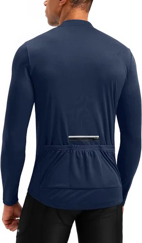 Maillot de ciclismo para hombre con 3+1 bolsillos traseros con cremallera, manga larga, absorción de humedad, UPF 50+ media cremallera