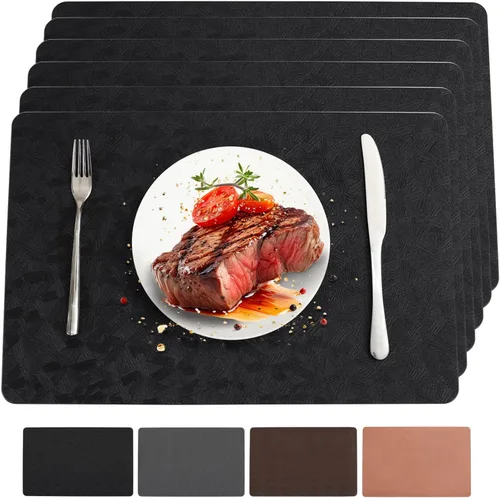 Juego de 6 manteles individuales de vinilo, resistentes al calor, fáciles de limpiar, antideslizantes, para mesa de comedor, piel sintética, Negro