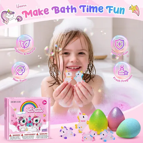 Miniatura 3 de Bombas de baño de unicornio con juguetes sorpresa en el interior, regalos de cumpleaños para niñas, paquetes de 9 bombas de baño de burbujas