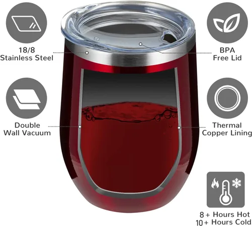 Miniatura 3 de MEWAY Vaso de vino sin tallo de 12 onzas con tapa, vaso de viaje de acero inoxidable con aislamiento de doble pared al vacío con popote, para Borgoña