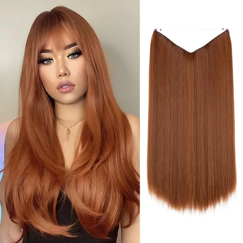 Miniatura 22 de SARLA Extensiones de cabello con alambre invisible de reflejos cortos rectas postizos sintéticos diadema transparente ajustable para mujeres 14