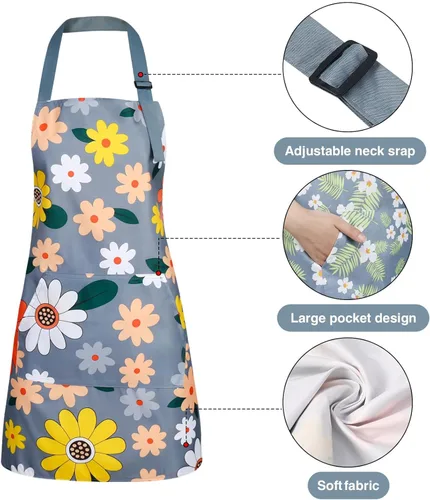 Miniatura 4 de BOUMUSOE Paquete de 3 delantales florales con bolsillo, delantales para mujer, impermeables, ajustables, para cocina, jardinería