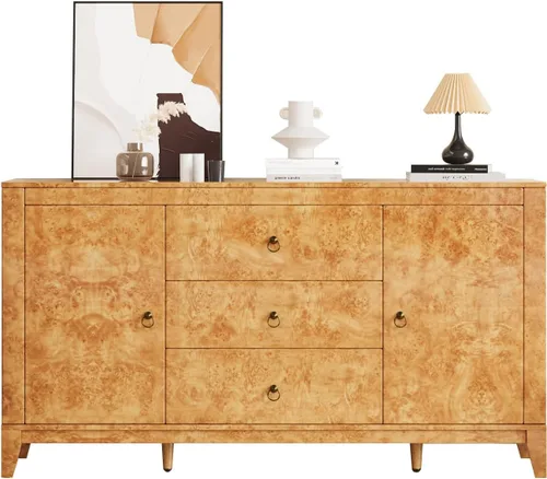 LUXOAK Aparador Buffet de Madera Burl de Alto Brillo de 60'' Mesa Buffet con 3 Cajones y 2 Almacenamientos Cerrados, Aparador Moderno de Mediados de